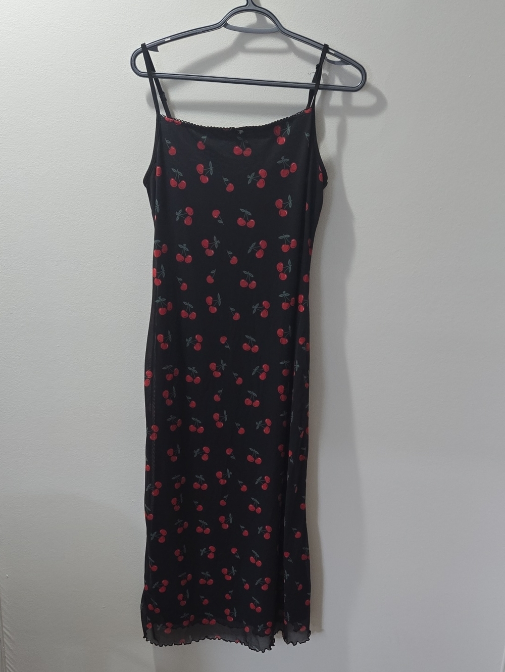 Black Slip Dress with Red Cherry Print - Women's Dress